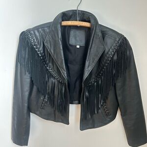 🔥 RARE 1980s Vintage Black Leather Fringed Crop Jacket | Oversized large
